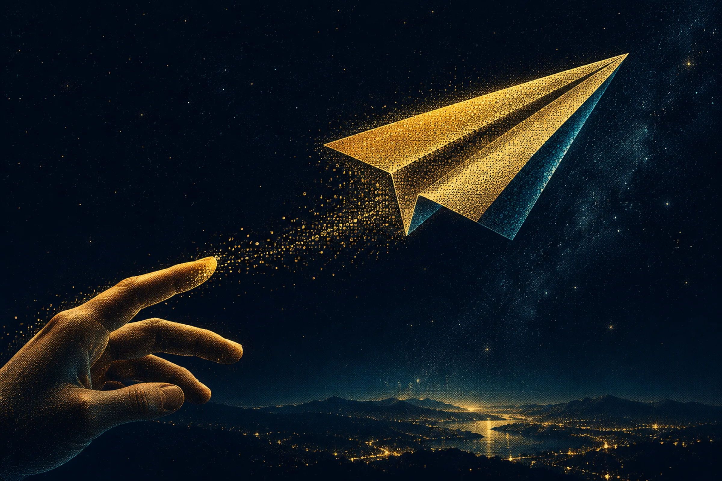 A hand sends a glowing gold paper airplane across a navy night sky, with a trail of halftone particles above a distant horizon.